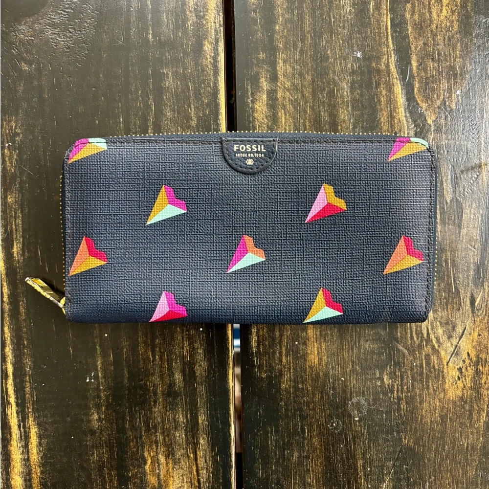 Fossil Black Zip Around Wallet Colorful Geometric Print Leather RFID